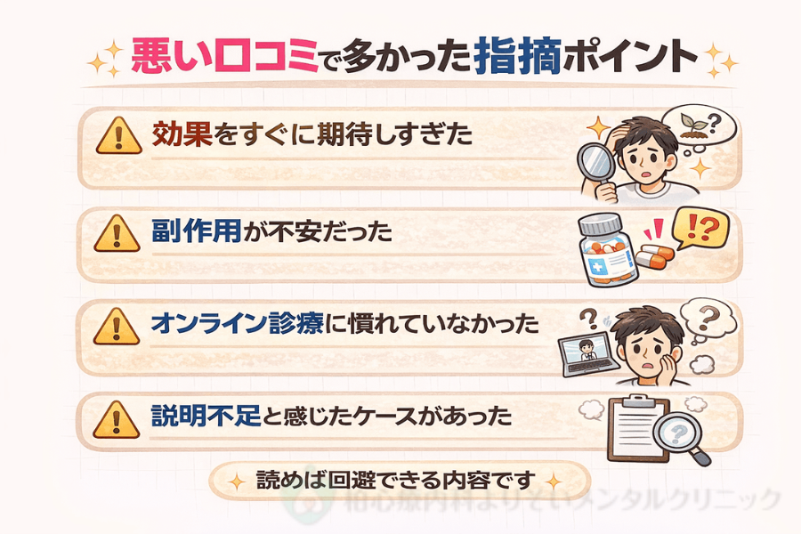 アンケート結果からDMMオンラインクリニックAGA治療の悪い口コミ・注意点